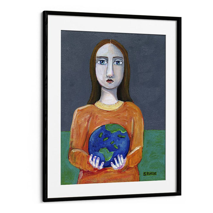 she had the world in her hands women illustration paintings in Black Frame With Mount