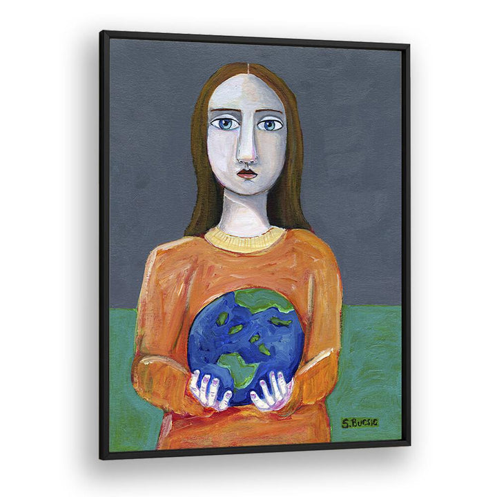 she had the world in her hands women illustration paintings in Black Plain Frame