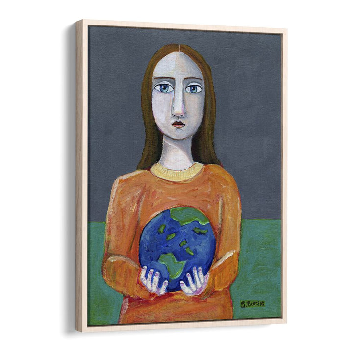 she had the world in her hands women illustration paintings in Oak Wood Floater Frame