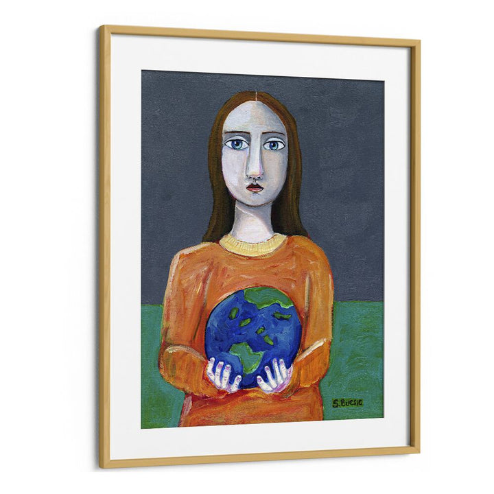 she had the world in her hands women illustration paintings in Oak Wood Frame With Mount