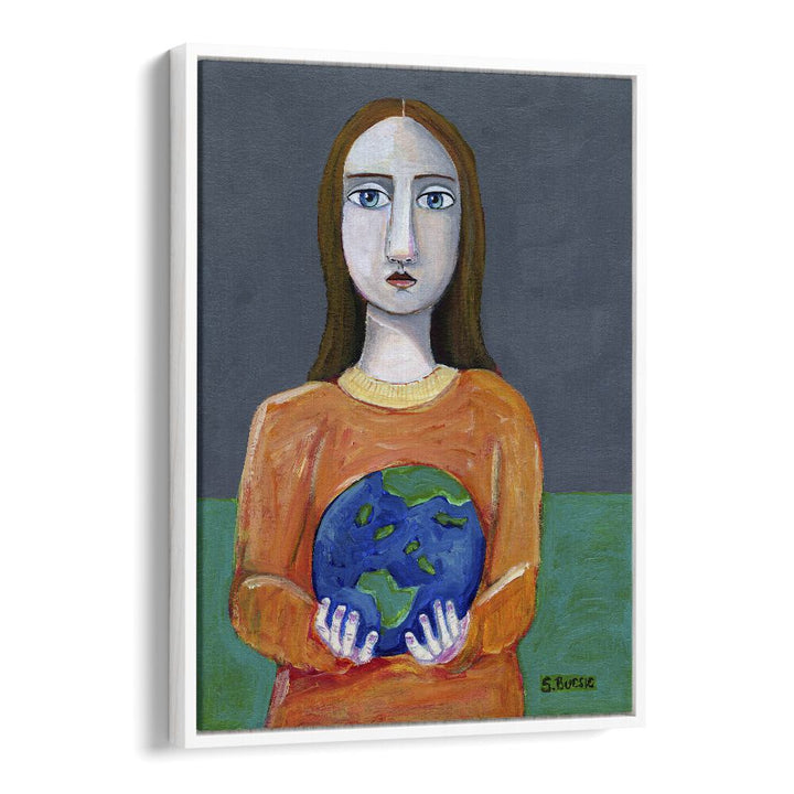 she had the world in her hands women illustration paintings in White Floater Frame