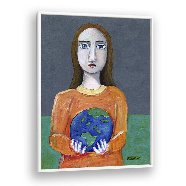 she had the world in her hands women illustration paintings in White Plain Frame