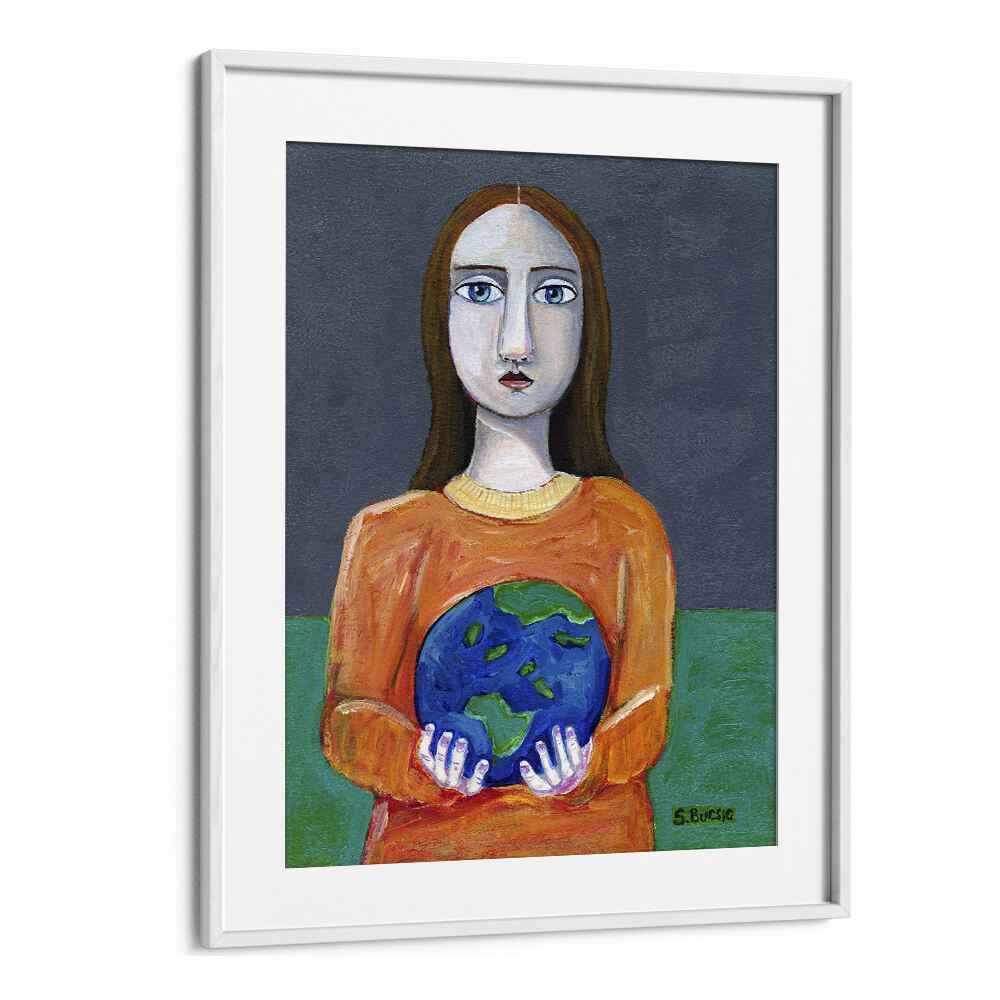 she had the world in her handswomen illustration paintings in White Frame With Mount