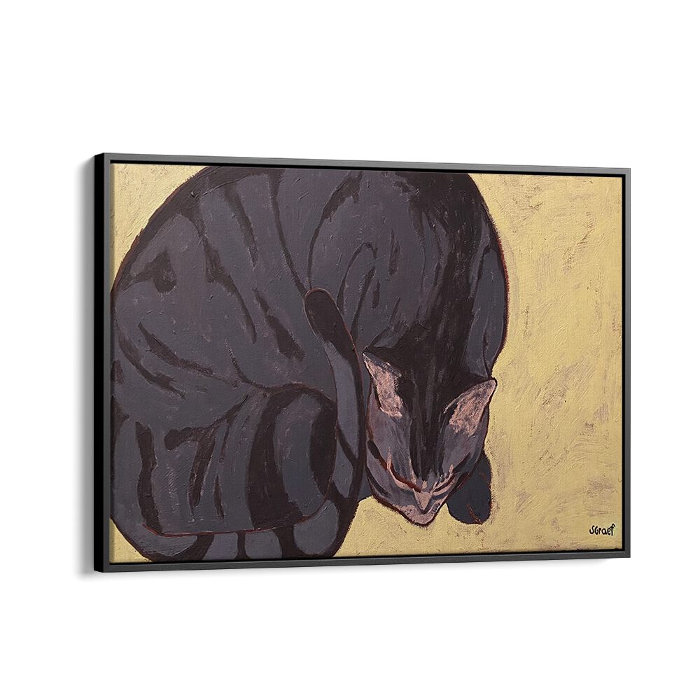 sleeping cat wildlife paintings in Black Floater Frame