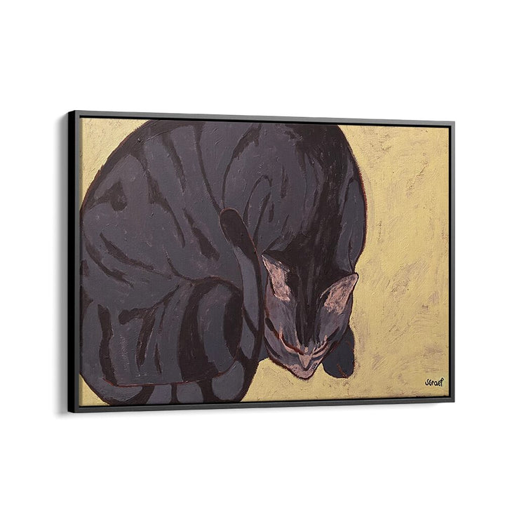 sleeping cat wildlife paintings in Black Floater Frame