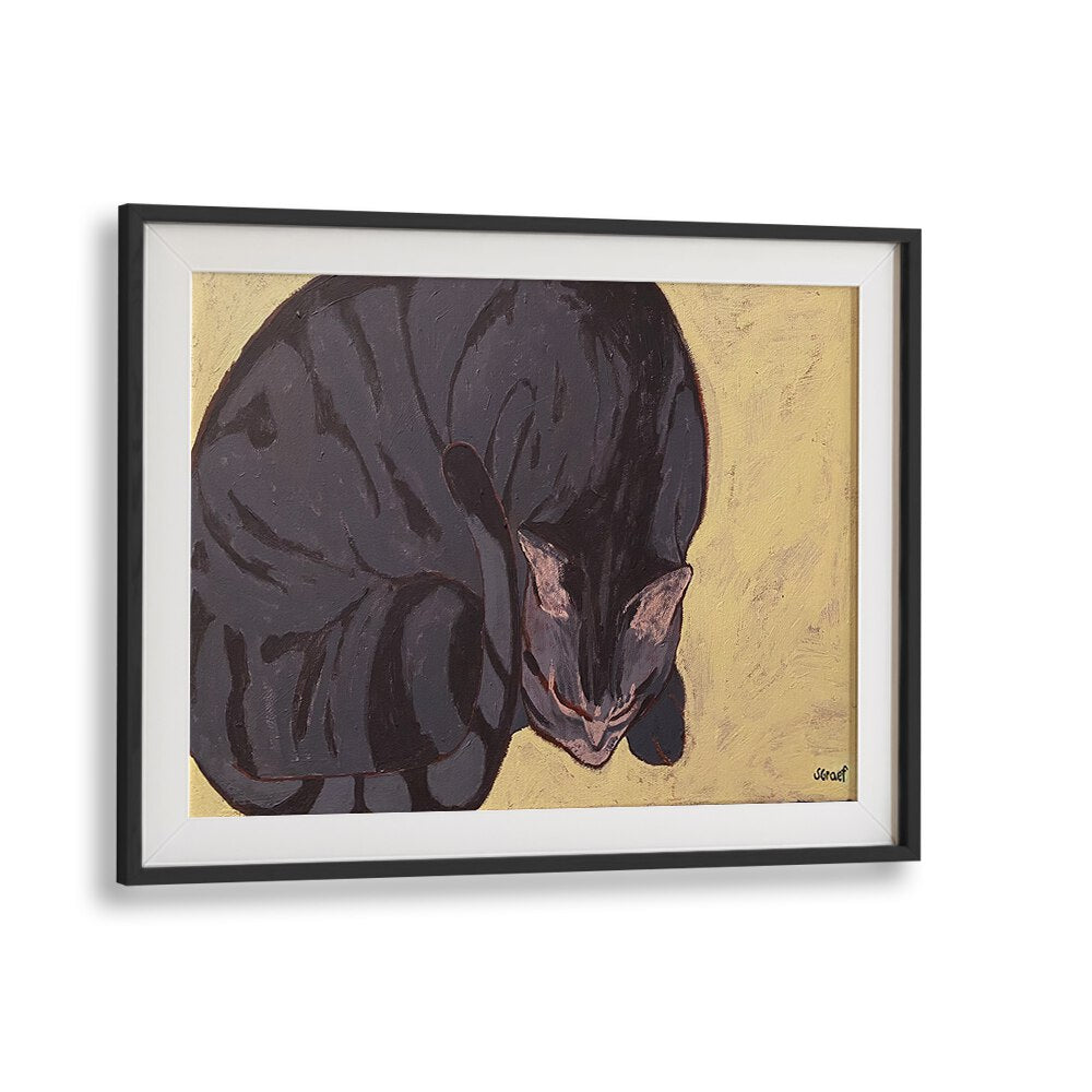 sleeping cat wildlife paintings in Black Frame With Mount
