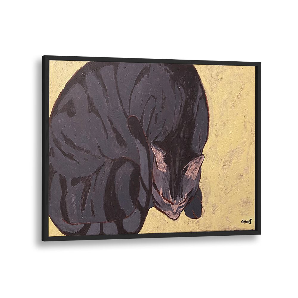 sleeping cat wildlife paintings in Black Plain Frame