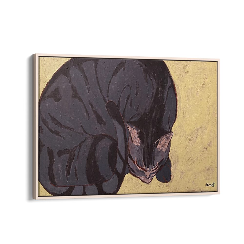 sleeping cat wildlife paintings in Oak Wood Floater Frame