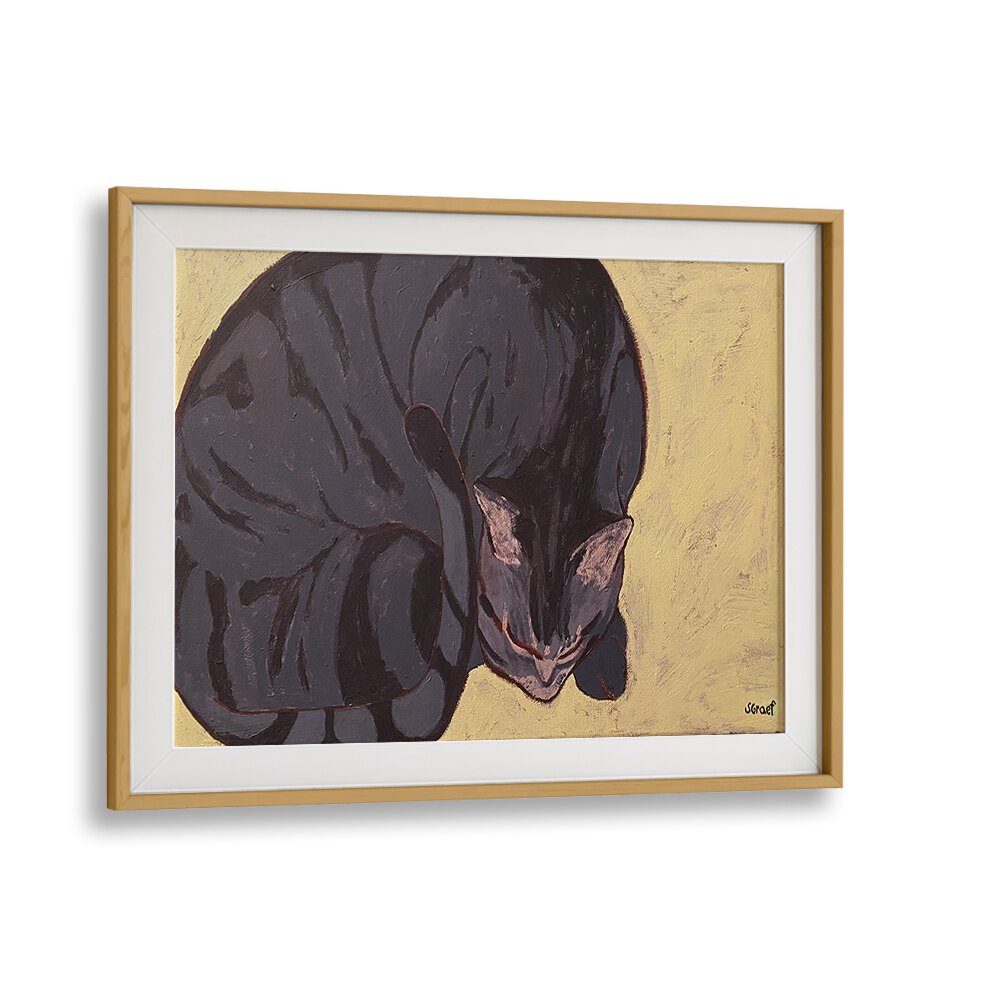 sleeping cat wildlife paintings in Oak Wood Frame With Mount