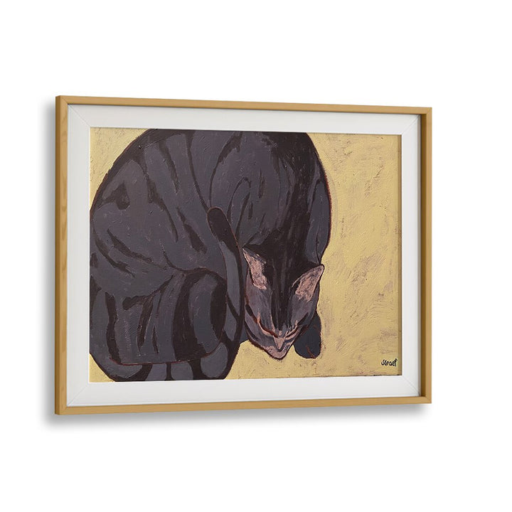 sleeping cat wildlife paintings in Oak Wood Frame With Mount