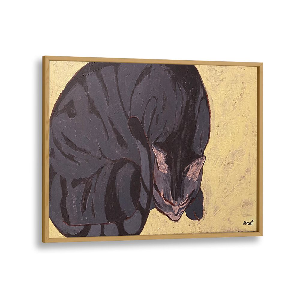 sleeping cat wildlife paintings in Oak Wood Plain Frame