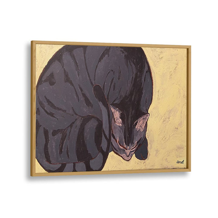 sleeping cat wildlife paintings in Oak Wood Plain Frame
