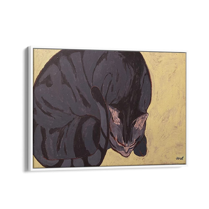 sleeping cat wildlife paintings in White Floater Frame