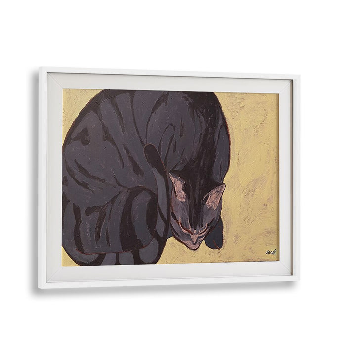 sleeping cat wildlife paintings in White Frame With Mount