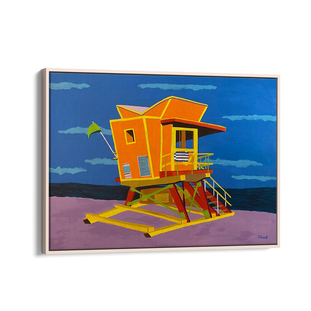 south beach landscape art prints in Oak Wood Floater Frame
