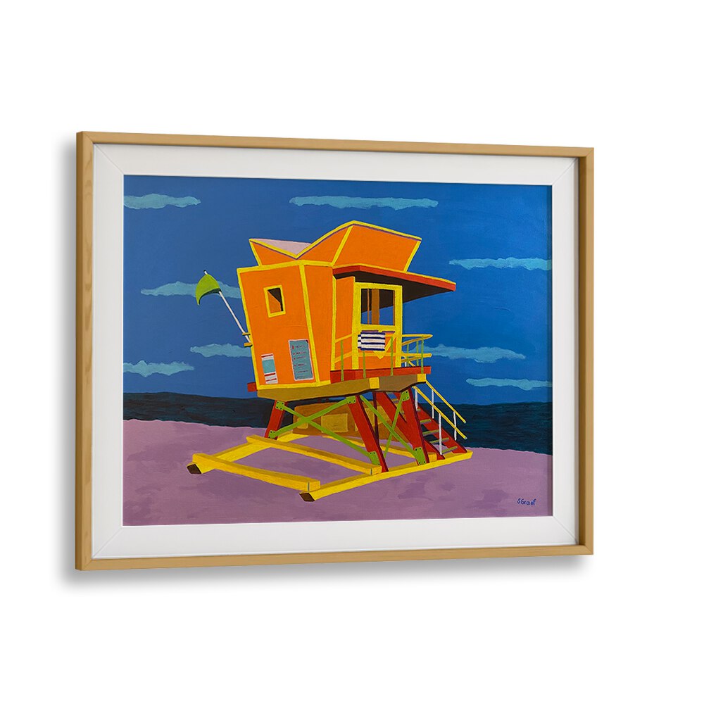 south beach landscape art prints in Oak Wood Frame With Mount