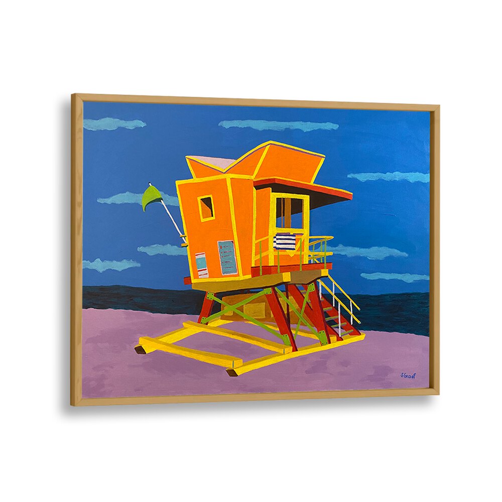 south beach landscape art prints in Oak Wood Plain Frame