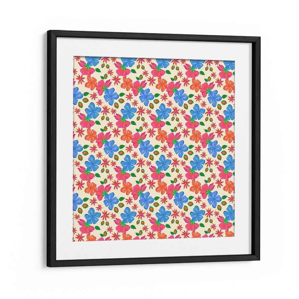 Colorful SPRING FLORAL, FLORAL FLOWER PAINTINGS in a black frame, perfect for adding charm to any space.