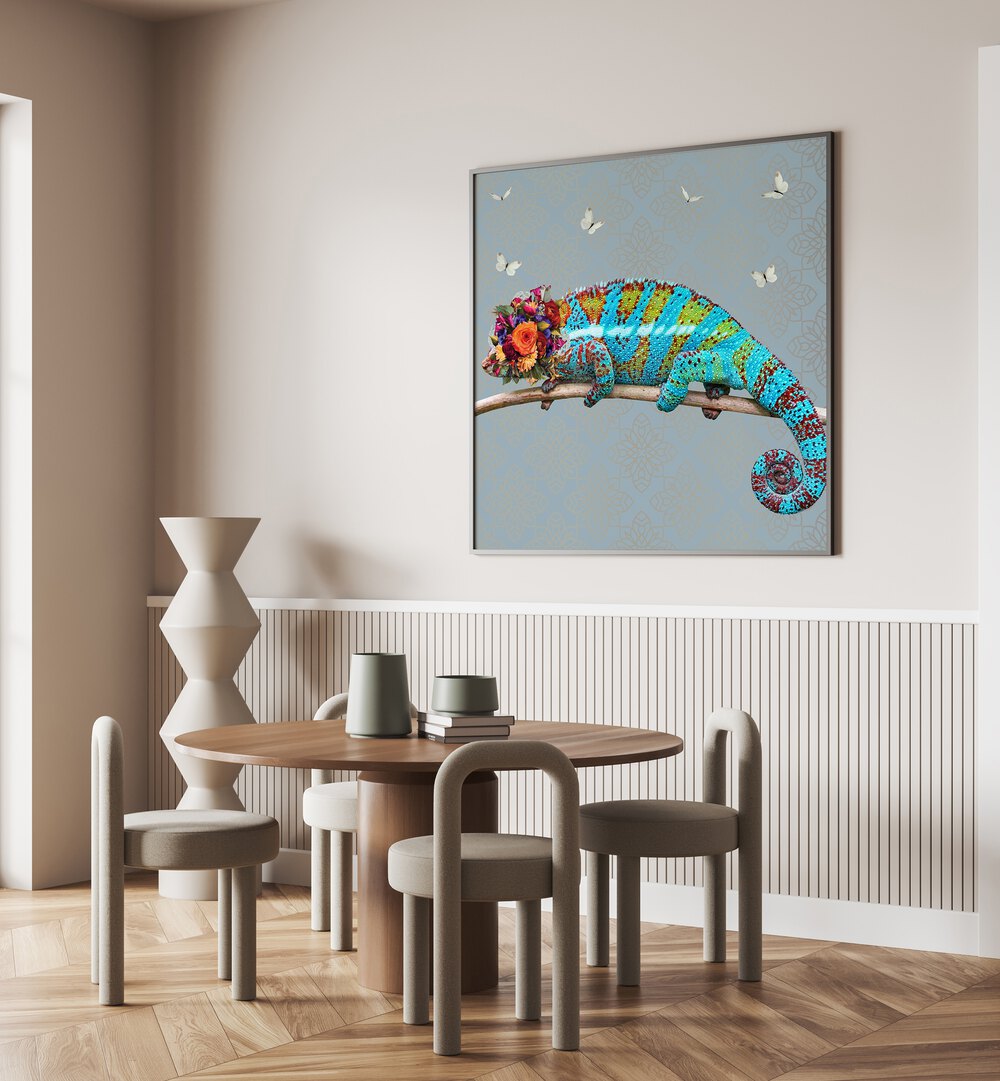 spring flower bonnet on chameleon by sue skellern wildlife posters wildlife paintings Artwork II placed on a wall