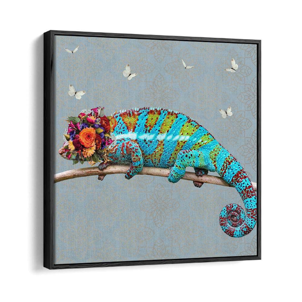 spring flower bonnet on chameleon by sue skellern wildlife posters wildlife paintings in Black Floater Frame