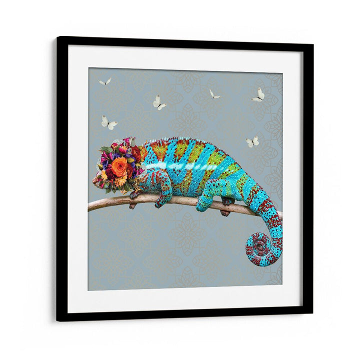 spring flower bonnet on chameleon by sue skellern wildlife posters wildlife paintings in Black Frame With Mount