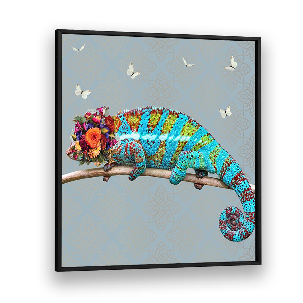 spring flower bonnet on chameleon by sue skellern wildlife posters wildlife paintings in Black Plain Frame