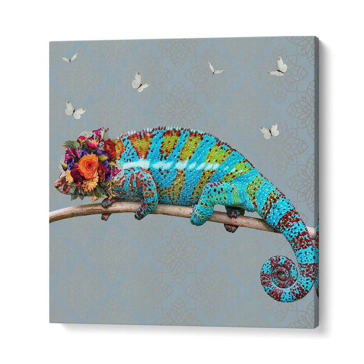 spring flower bonnet on chameleon by sue skellern wildlife posters wildlife paintings in Gallery Wrap