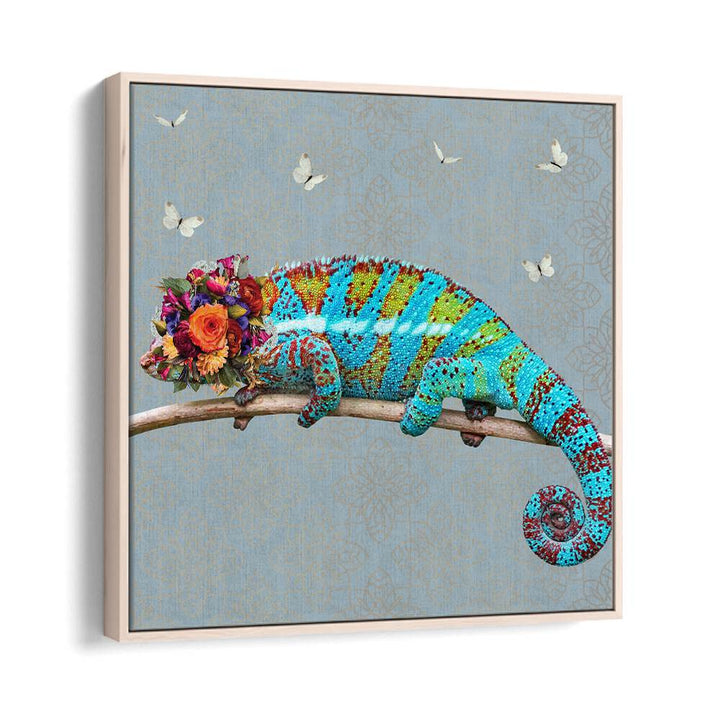 spring flower bonnet on chameleon by sue skellern wildlife posters wildlife paintings in Oak Wood Floater Frame