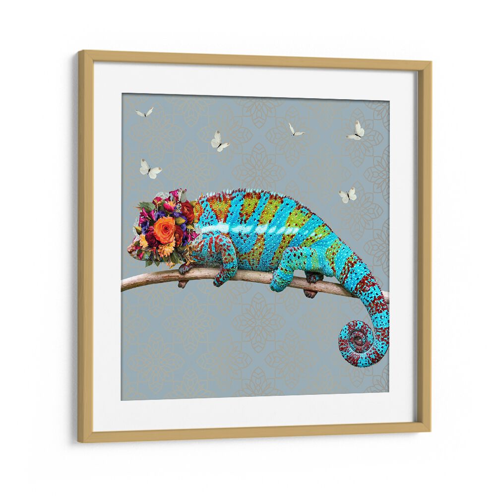 spring flower bonnet on chameleon by sue skellern wildlife posters wildlife paintings in Oak Wood Frame With Mount