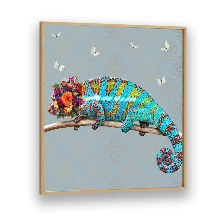 spring flower bonnet on chameleon by sue skellern wildlife posters wildlife paintings in Oak Wood Plain Frame