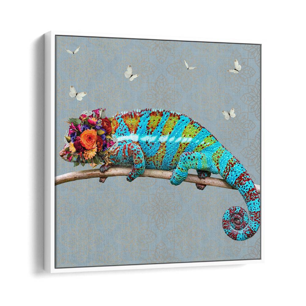 spring flower bonnet on chameleon by sue skellern wildlife posters wildlife paintings in White Floater Frame