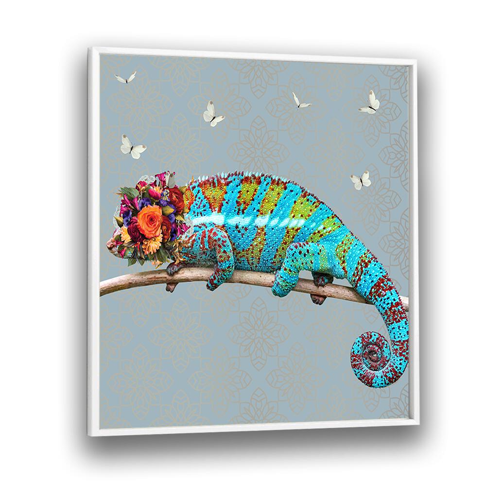 spring flower bonnet on chameleon by sue skellern wildlife posters wildlife paintings in White Plain Frame