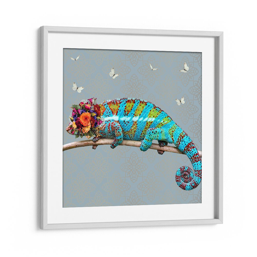 spring flower bonnet on chameleonby sue skellern wildlife posters wildlife paintings in White Frame With Mount