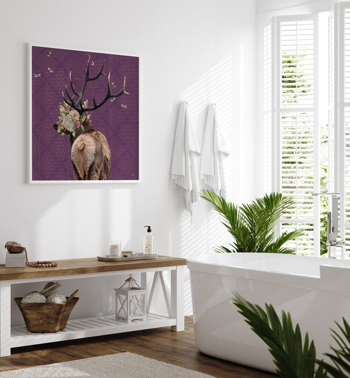 spring flower bonnet on deer by sue skellern wildlife posters wildlife paintings Artwork II placed on a wall