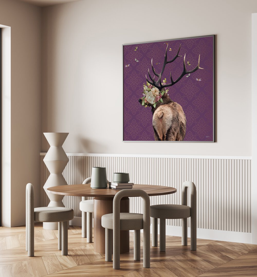 spring flower bonnet on deer by sue skellern wildlife posters wildlife paintings Artwork IV placed on a wall