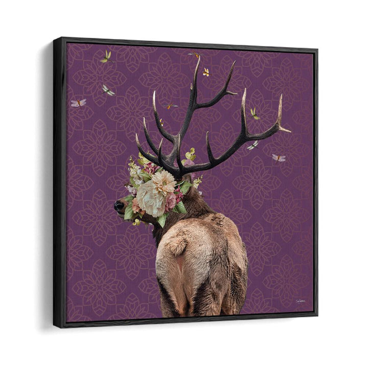 spring flower bonnet on deer by sue skellern wildlife posters wildlife paintings in Black Floater Frame