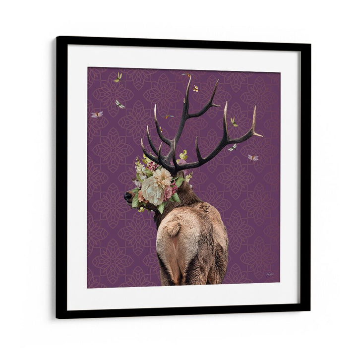 spring flower bonnet on deer by sue skellern wildlife posters wildlife paintings in Black Frame With Mount