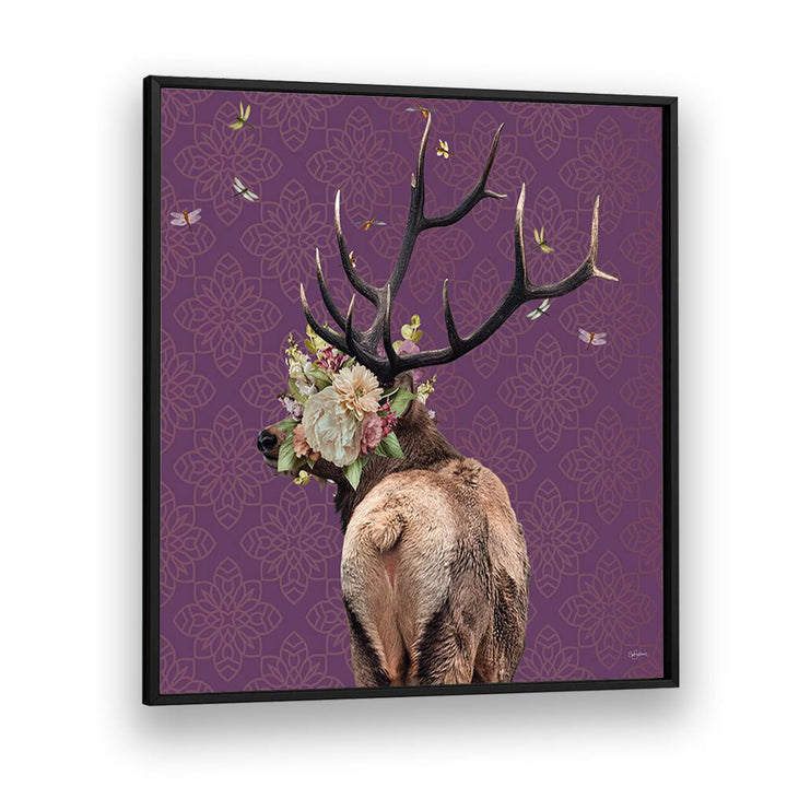 spring flower bonnet on deer by sue skellern wildlife posters wildlife paintings in Black Plain Frame