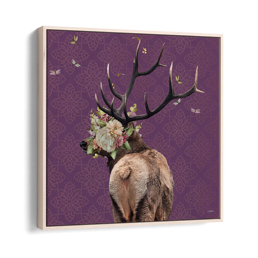 spring flower bonnet on deer by sue skellern wildlife posters wildlife paintings in Oak Wood Floater Frame