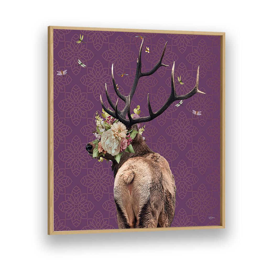 spring flower bonnet on deer by sue skellern wildlife posters wildlife paintings in Oak Wood Plain Frame