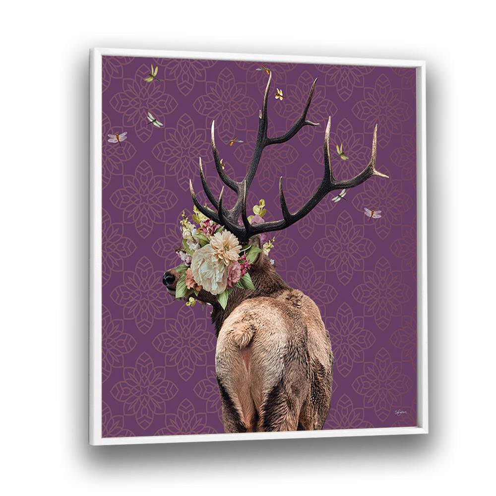 spring flower bonnet on deer by sue skellern wildlife posters wildlife paintings in White Plain Frame