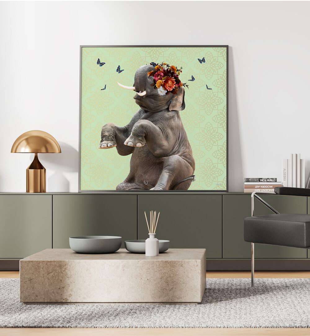 spring flower bonnet on elephant by sue skellern wildlife posters wildlife paintings Artwork I placed on a wall