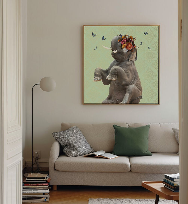 spring flower bonnet on elephant by sue skellern wildlife posters wildlife paintings Artwork II placed on a wall