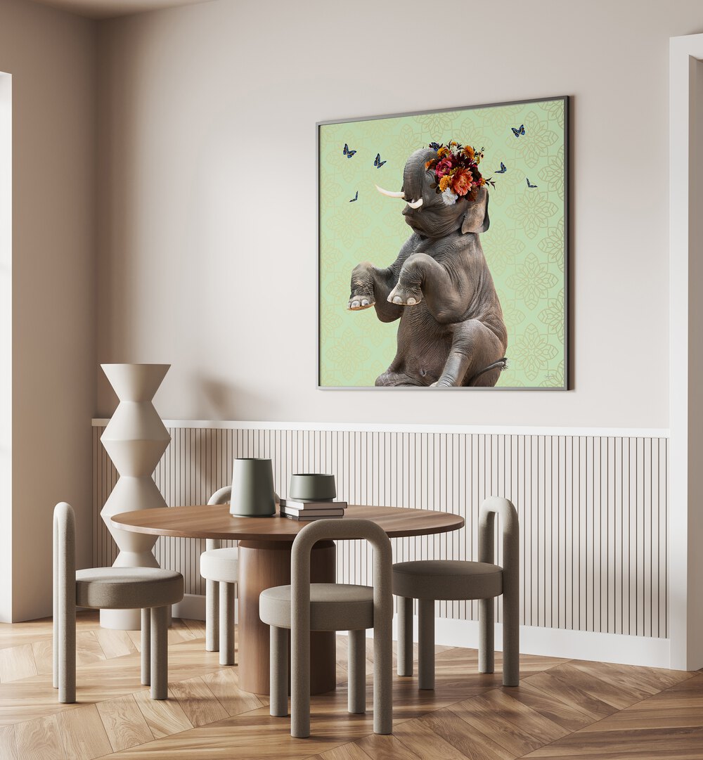 spring flower bonnet on elephant by sue skellern wildlife posters wildlife paintings Artwork III placed on a wall