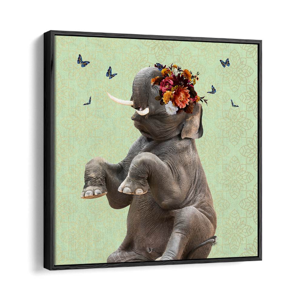 spring flower bonnet on elephant by sue skellern wildlife posters wildlife paintings in Black Floater Frame