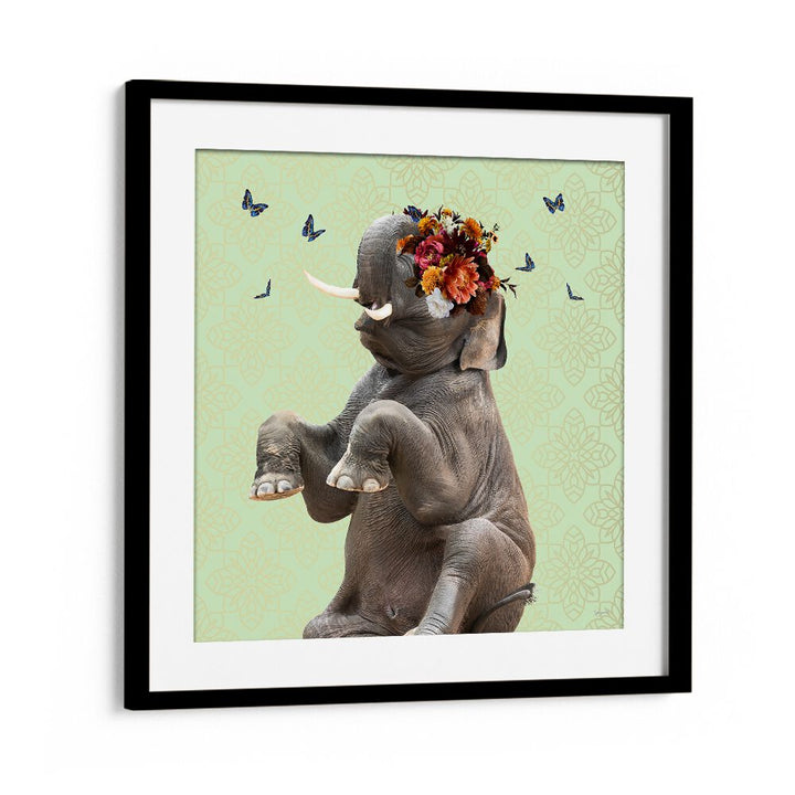 spring flower bonnet on elephant by sue skellern wildlife posters wildlife paintings in Black Frame With Mount