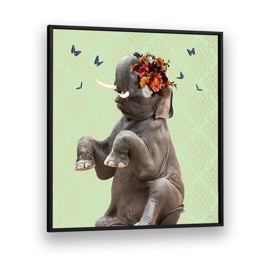 spring flower bonnet on elephant by sue skellern wildlife posters wildlife paintings in Black Plain Frame