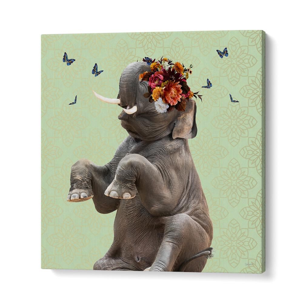 spring flower bonnet on elephant by sue skellern wildlife posters wildlife paintings in Gallery Wrap