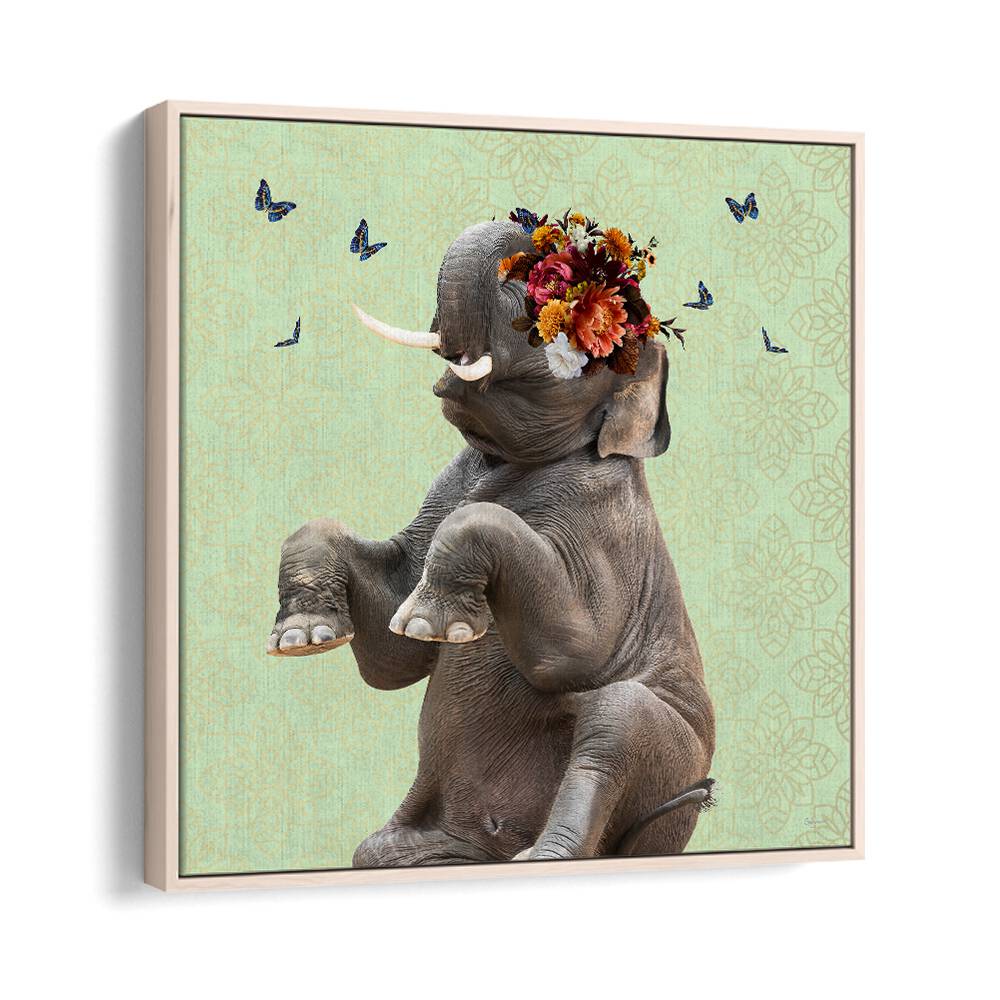 spring flower bonnet on elephant by sue skellern wildlife posters wildlife paintings in Oak Wood Floater Frame