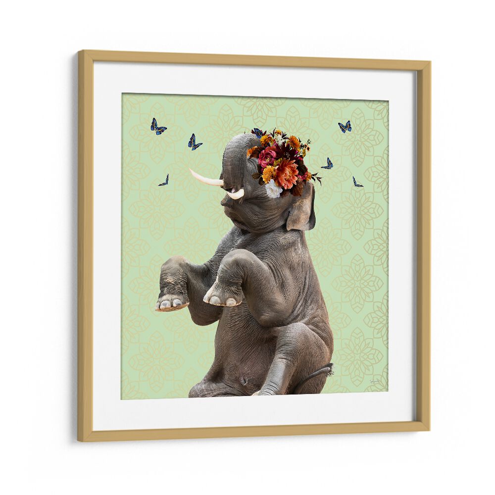 spring flower bonnet on elephant by sue skellern wildlife posters wildlife paintings in Oak Wood Frame With Mount